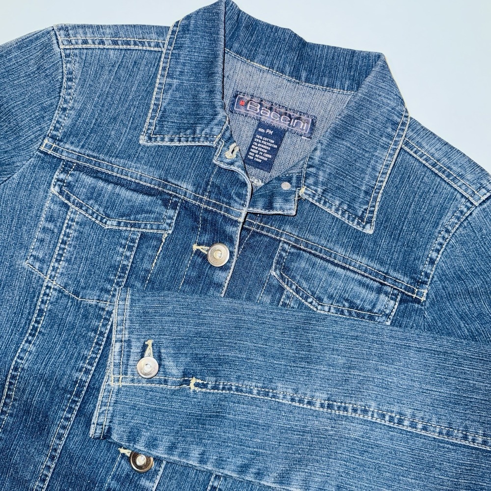Baccini Denim Jacket Petite Medium PM Cropped Jean Trucker Blue Stretch